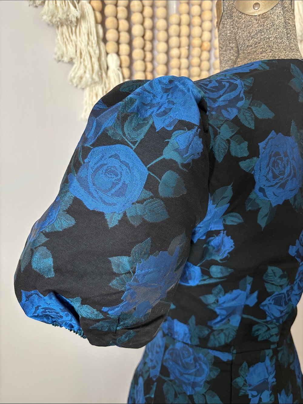 Blue Floral taffeta Puff Sleeve V-Neck Mini Dress - Picture 4 of 10
